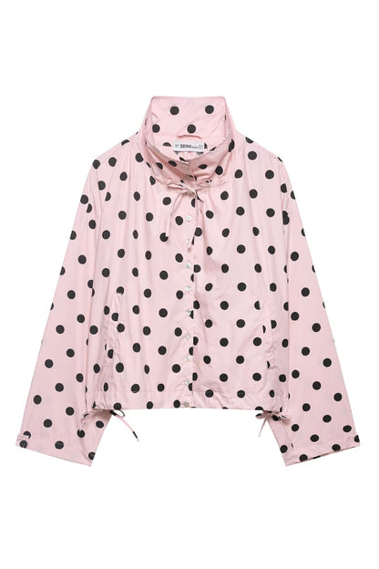 Cardydony Women's  Polka Dot Print Loose Stand Collar Button Bow Tie Casual Long-sleeved Jacket