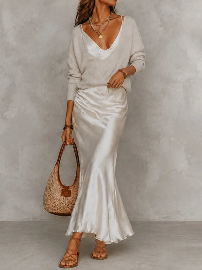 Cardydony Elegance Long-sleeved Knit Top + Satin Slip Dress Two-piece Set