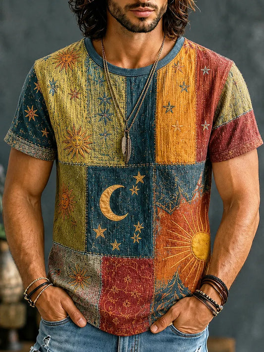 Cardydony Men's Mysterious Sun Moon Boho Hippie Patchwork Print T-shirt