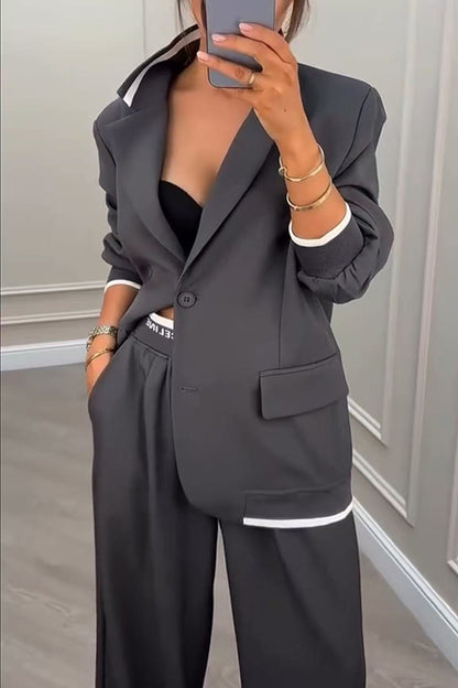 Cardydony Women's Fashion Sports Style Ribbed Colorblock Lapel Blazer and Elastic Waist Pocket Loose Pants Set