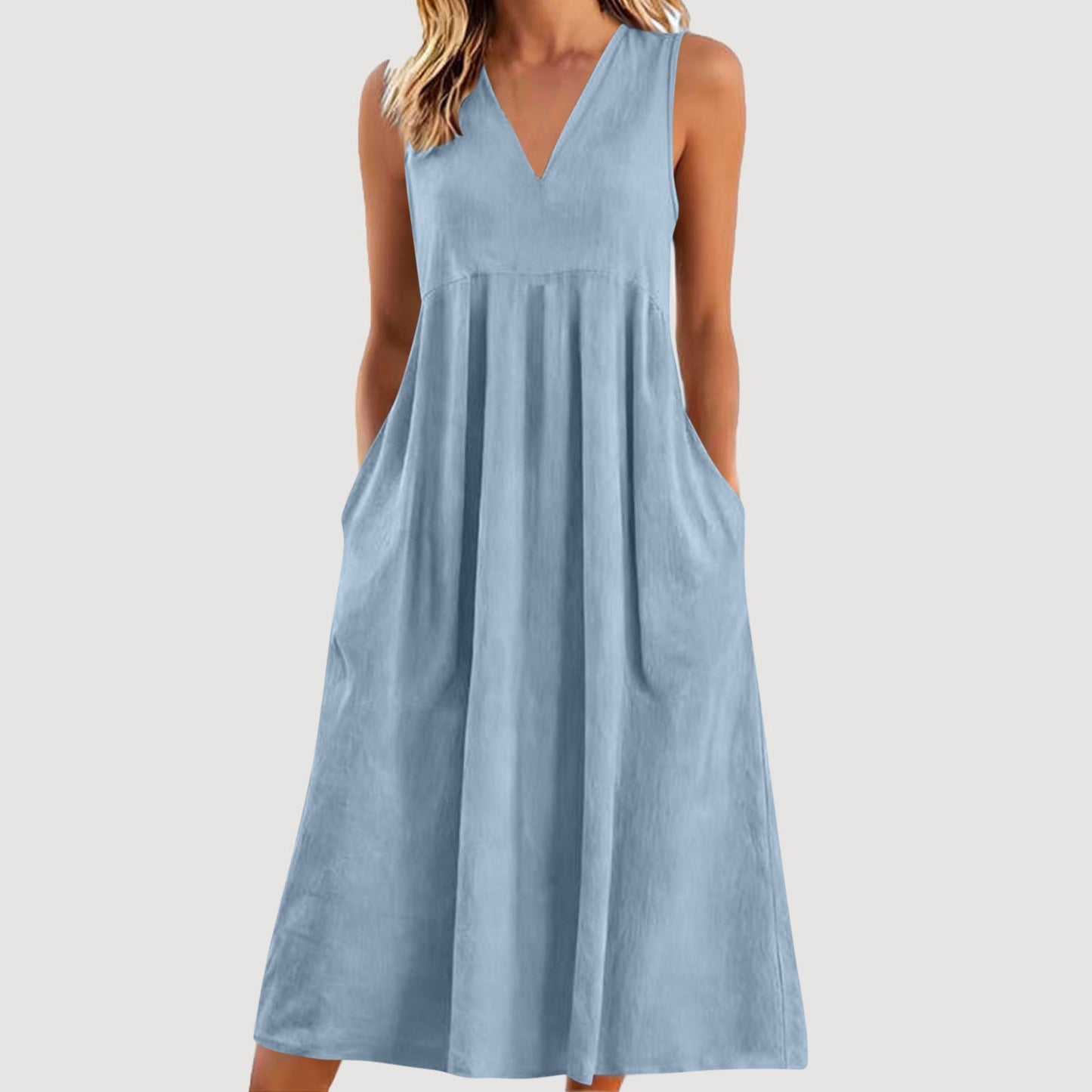Cardydony Women's Solid Color V-neck Sleeveless Linen Blend Midi Dress
