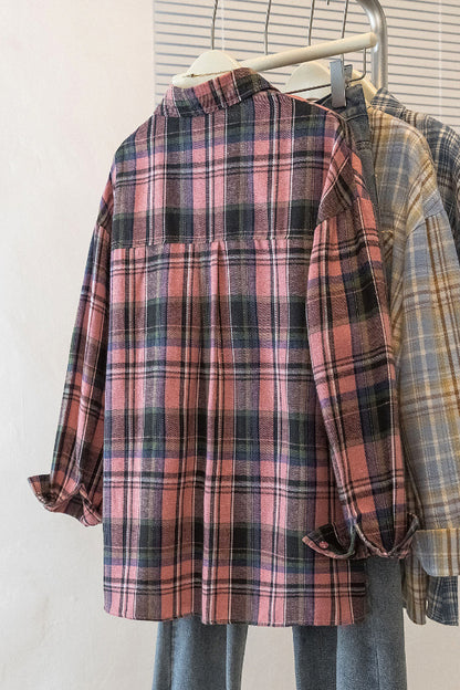 Cardydony Women's Stylish Plaid Collared Long-sleeved Pockets Casual Loose Shirt