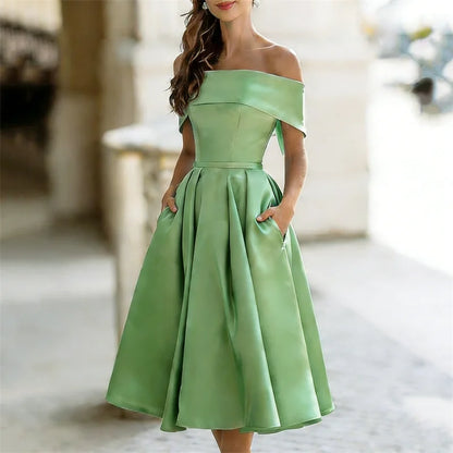 Cardydony Classy Off Shoulderwide Skirted Satin Maxi Dress