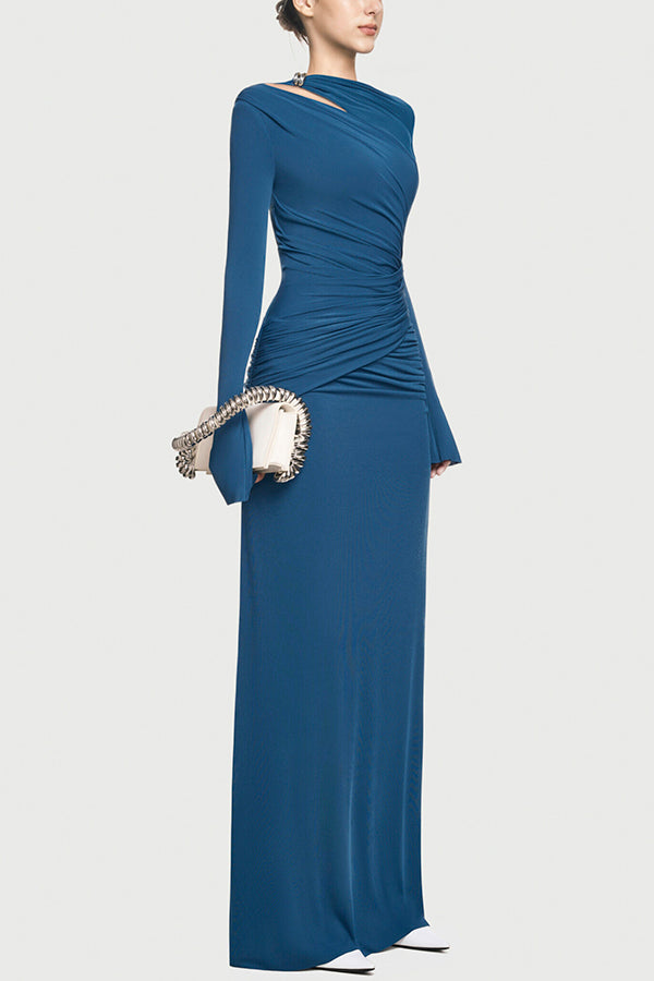 Cardydony Women's Stylish Long-sleeved Slim-fit Pleated Elegant Maxi Dress