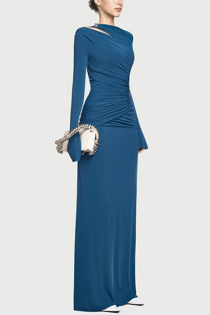 Cardydony Women's Stylish Long-sleeved Slim-fit Pleated Elegant Maxi Dress