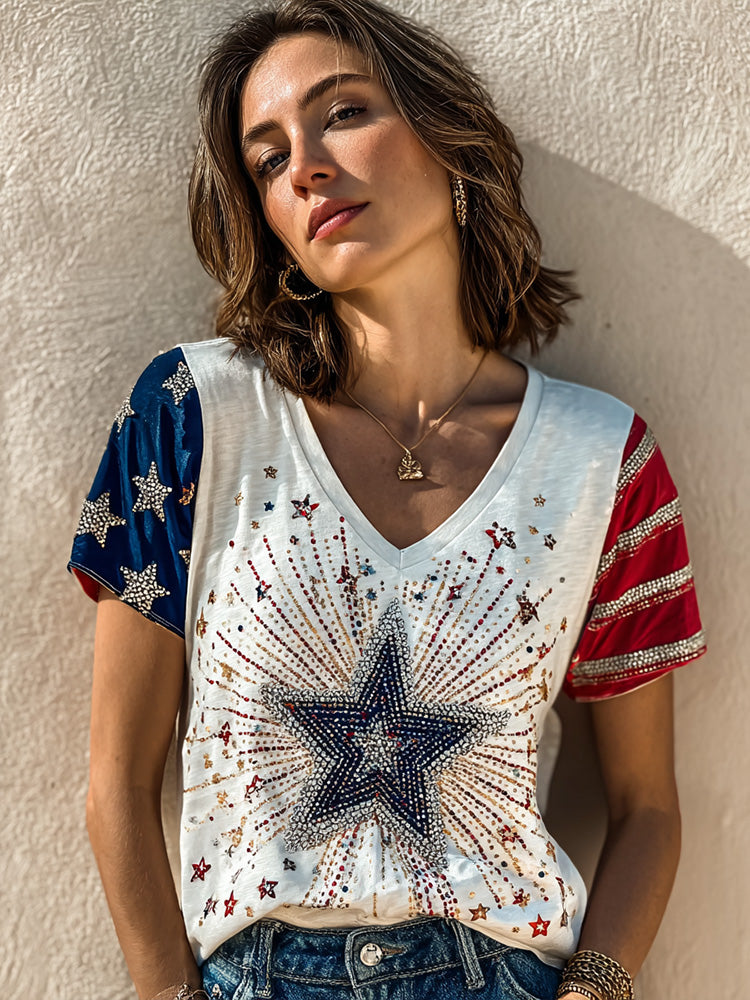Cardydony Starburst Sparkle Usa V-neck Tee | 4th Of July Patriotic Top