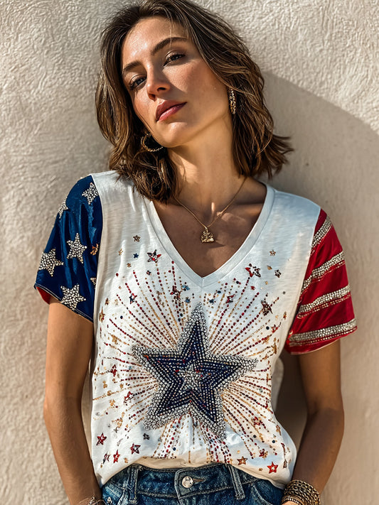 Cardydony Starburst Sparkle Usa V-neck Tee | 4th Of July Patriotic Top