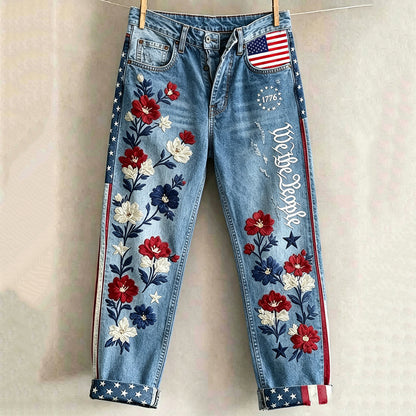 Cardydony Women's Retro Independence Day Floral Print Jeans