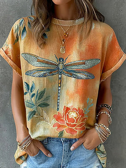 Cardydony Retro Dragonfly And Floral Pattern Linen Blend Short Sleeve Tops