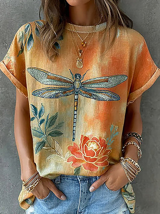 Cardydony Retro Dragonfly And Floral Pattern Linen Blend Short Sleeve Tops