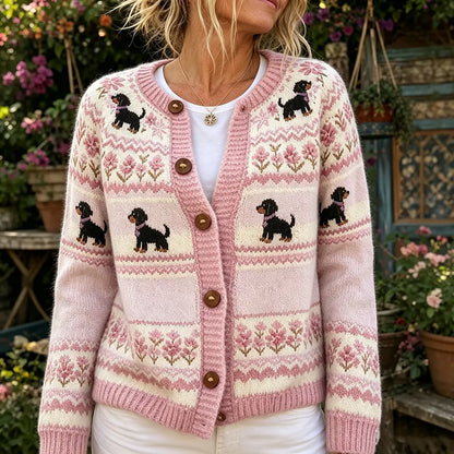 Cardydony Women's Pink Halloween Dachshund Print Crew Neck Cardigan