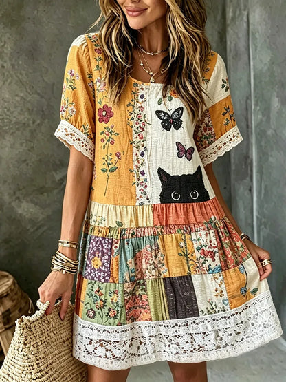 Cardydony Women's Hippie Black Cat Art Embroidered Linen Blend Round Neck Mini Dress