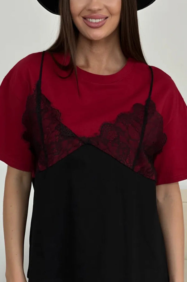 Cardydony Women's Fashionable Lace Patchwork Loose-fitting Round Neck Short-sleeved T-shirt