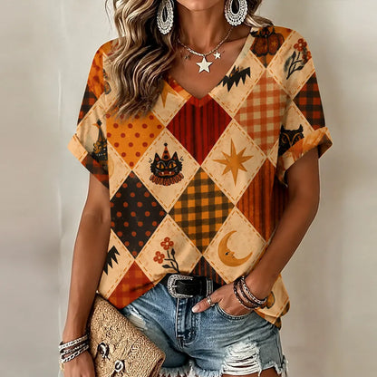 Cardydony Women's Halloween Circus Cat Patchwork Art Print Casual Top