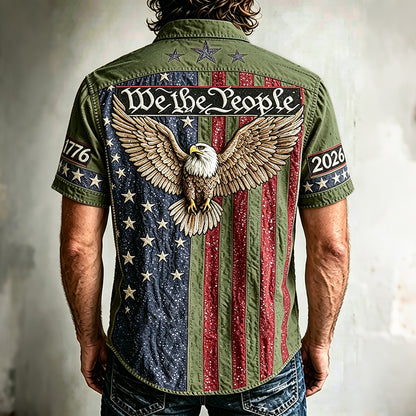 Cardydony Men's Vintage Independence Day And Eagle Print Short-sleeve Shirt