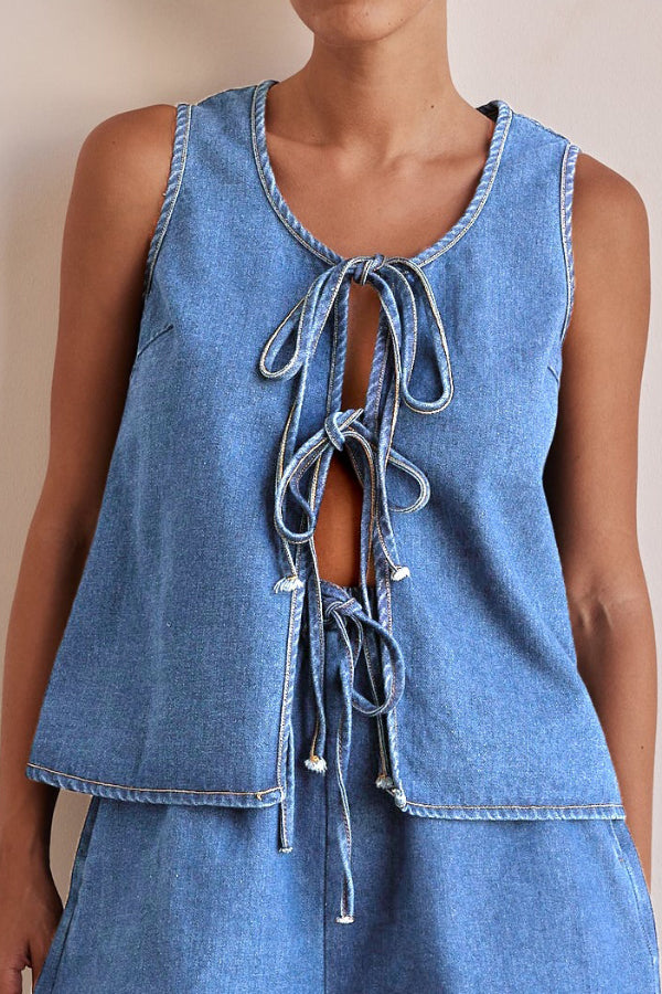 Cardydony Women's  Stylish Sleeveless Round Neck Tie-up Casual Denim Vest