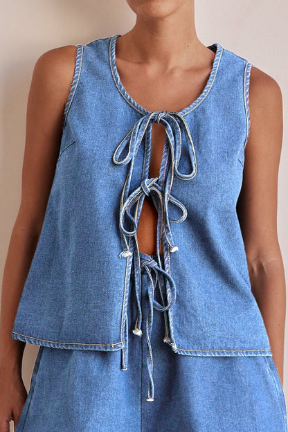 Cardydony Women's  Stylish Sleeveless Round Neck Tie-up Casual Denim Vest