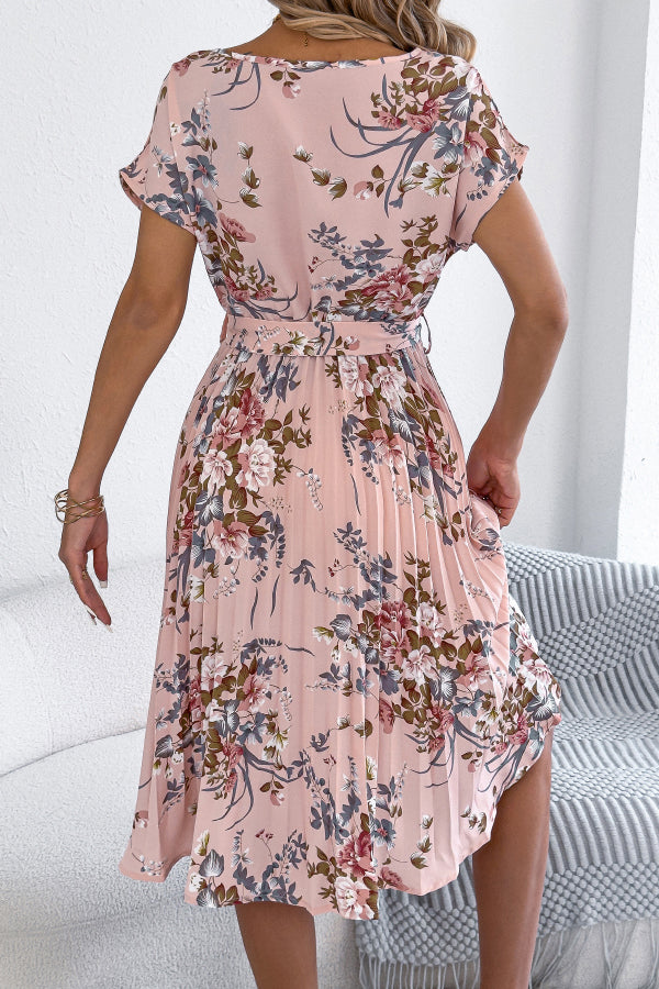 Cardydony Women's Floral Print Round Neck Fitted Waist Tie Pleated Midi Dress