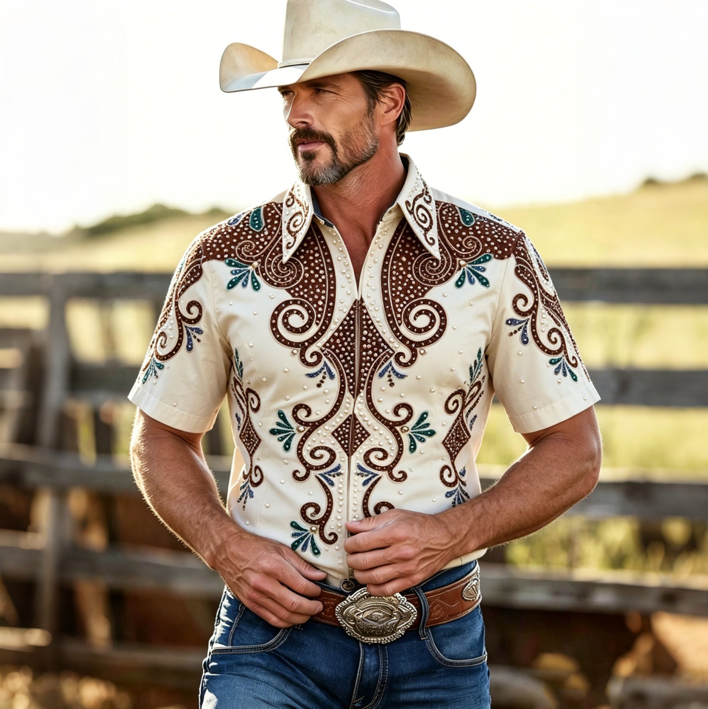 Cardydony Men's Retro Ethnic Color Block Print Denim Short-sleeve Shirt