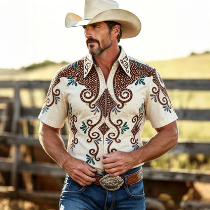 Cardydony Men's Retro Ethnic Color Block Print Denim Short-sleeve Shirt