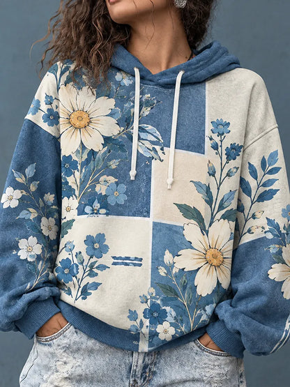 Cardydony Women's Casual Colorblock Patchwork Daisy Floral Print Hoodie