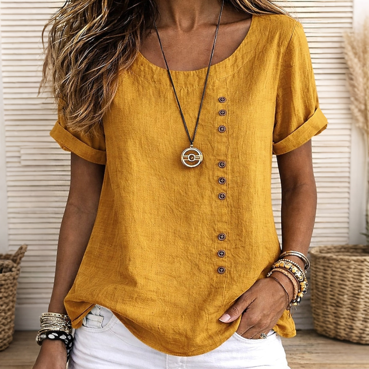 Cardydony Women's Solid Color Round Neck Button Design T-shirt