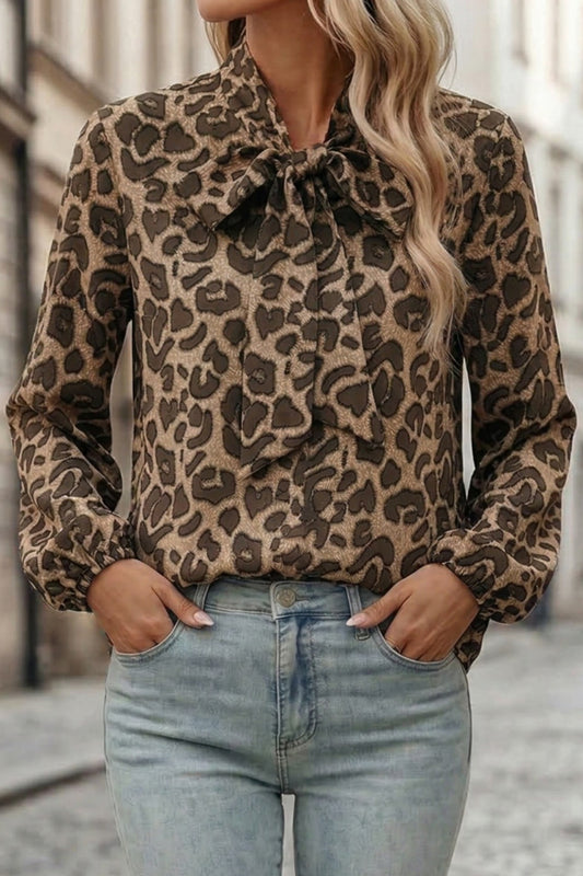 Cardydony Women's  Leopard Print Bow Collar Long-sleeved Loose Shirt