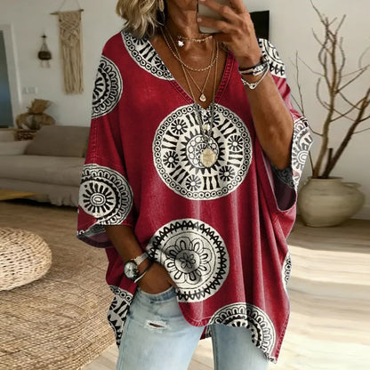 Cardydony Women's Vintage-style Totem Art Print Casual Loose Top