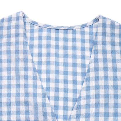 Cardydony Women's Gingham Tie Front Crop Top | Puff Sleeve V-Neck Blouse