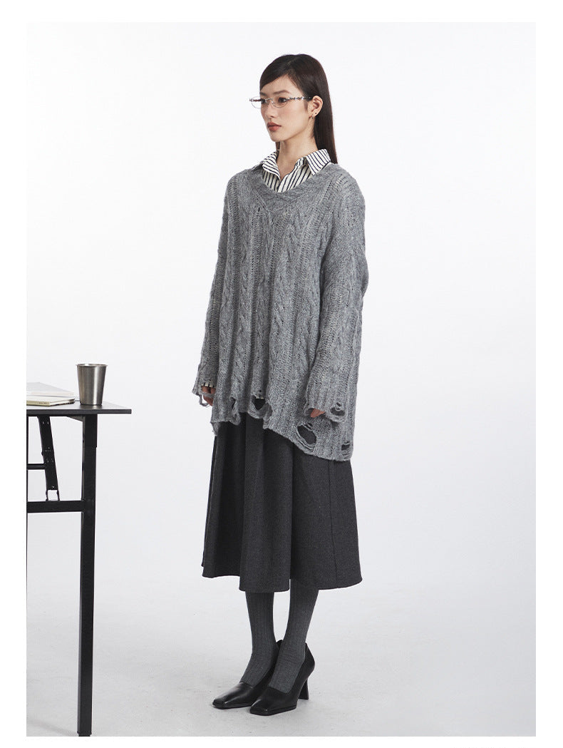Cardydony Women's Oversized Cable Knit Sweater | Distressed V-Neck Pullover