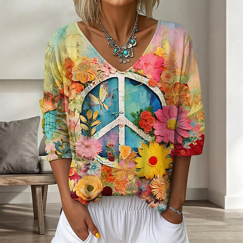 Cardydony Women's Vintage Floral In Gradient Art Print Flowy Linen Blend Three-quarter Sleeve V Neck Linen Tops