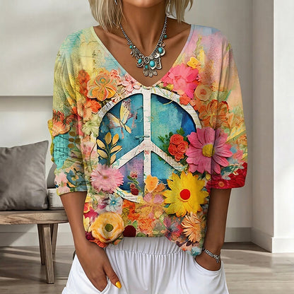 Cardydony Women's Vintage Floral In Gradient Art Print Flowy Linen Blend Three-quarter Sleeve V Neck Linen Tops