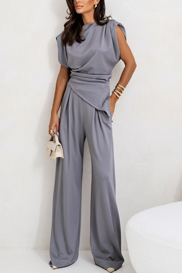 Cardydony Women's Jordy Ruched Shoulder Slit Top and Elastic Waist Pocketed Wide Leg Pants Set