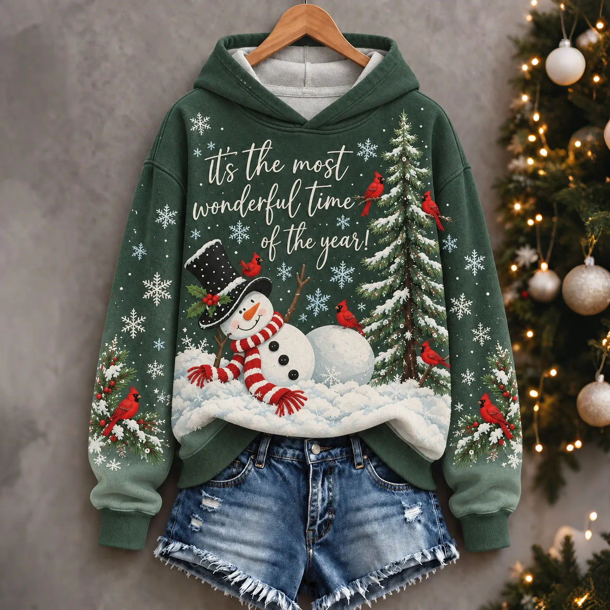 Cardydony Women's Festive Snowman Cardinal Christmas Tree Print Relaxed Fit Green Pullover Hoodie