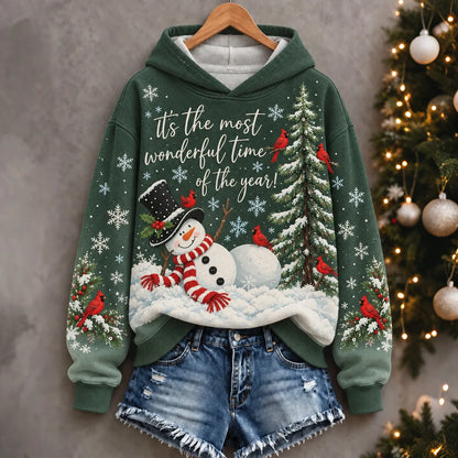 Cardydony Women's Festive Snowman Cardinal Christmas Tree Print Relaxed Fit Green Pullover Hoodie