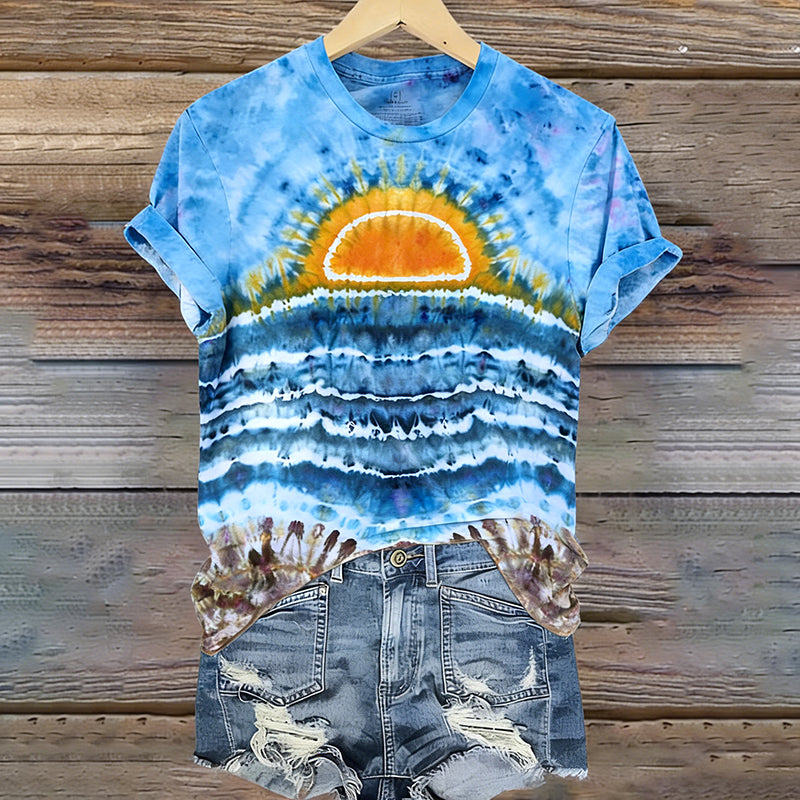 Cardydony Women's Sunset On The Ocean Ice Dyed Tie Dye T-shirt