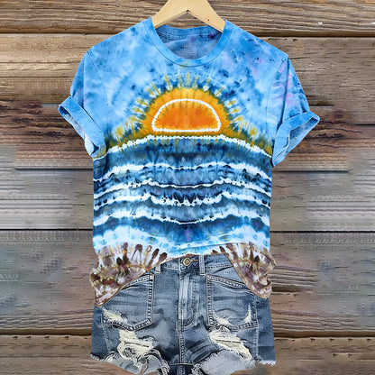 Cardydony Women's Sunset On The Ocean Ice Dyed Tie Dye T-shirt