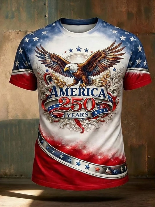 Cardydony Men's America 250 Years Text Bald Eagle Us Flag Print T Shirt