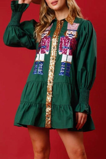 Cardydony Women's Nutcracker Sequined Button Down Long Sleeve Mini Dress