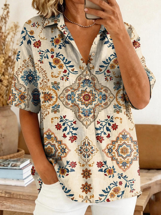 Cardydony Women's Ethnic Print Casual Retro Polo Shirt