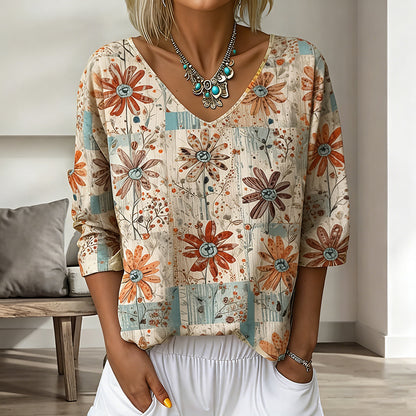 Cardydony Women's Bohemian Vintage Floral Art Print Flowy Linen Blend Casual Tops
