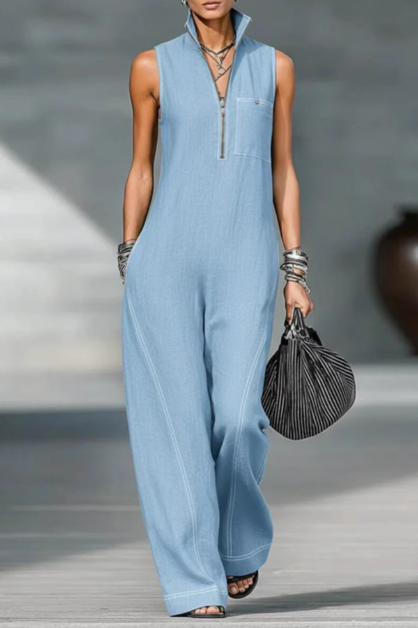 Cardydony Women's Solid Color Sleeveless Stand Collar Casual Pocket Loose Wide-leg Jumpsuit