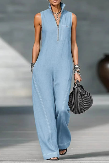 Cardydony Women's Solid Color Sleeveless Stand Collar Casual Pocket Loose Wide-leg Jumpsuit