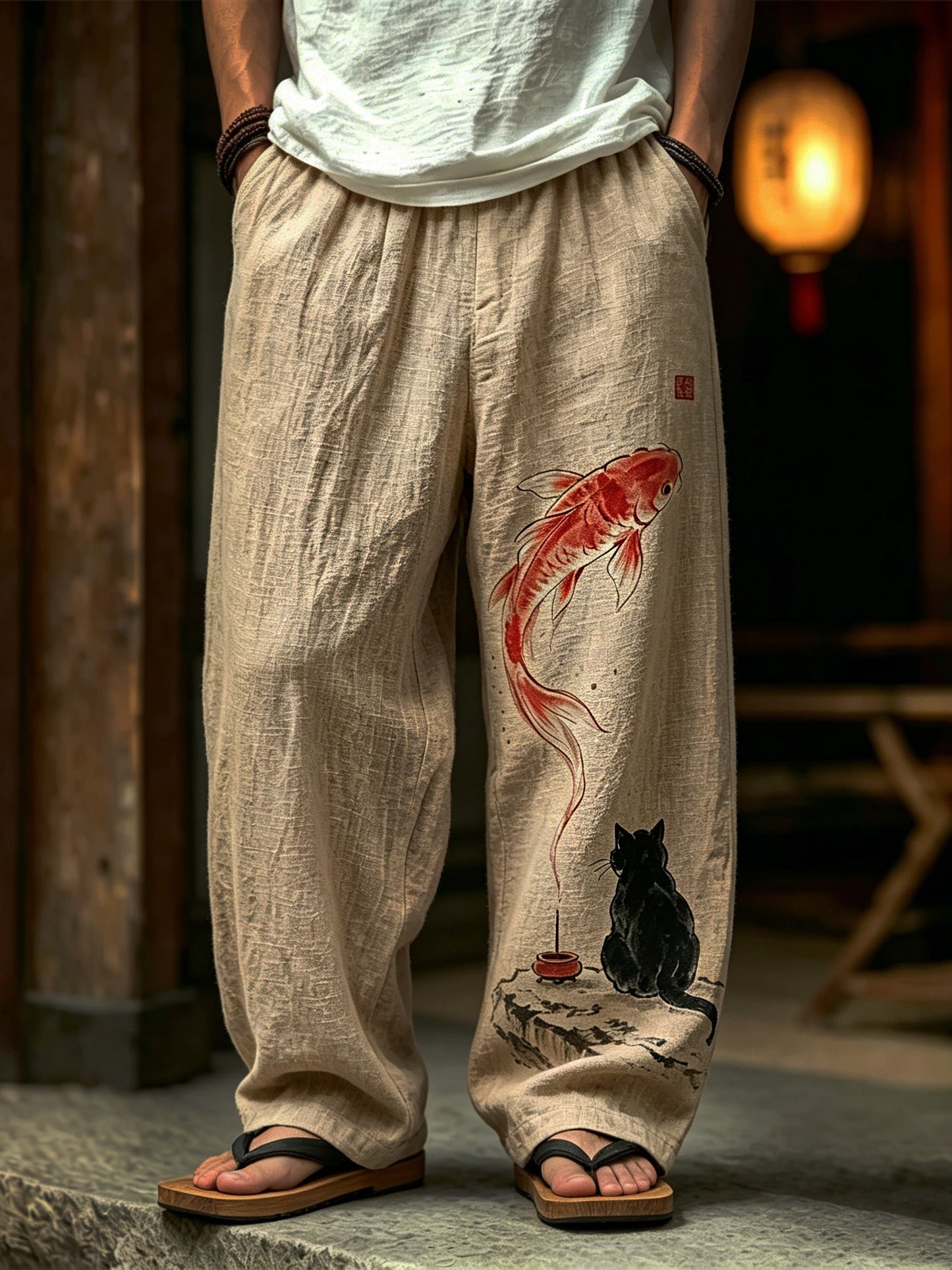 Cardydony Men's Retro Japanese Cat And Koi Print Cotton Linen Comfortable Casual Trousers