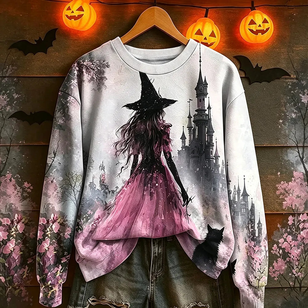 Cardydony Women's Pink Halloween Castle Witch Print Crew Neck Sweatshirt