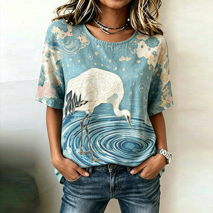Cardydony Women's Vintage Japanese Crane Print Casual Linen-blend T-shirt