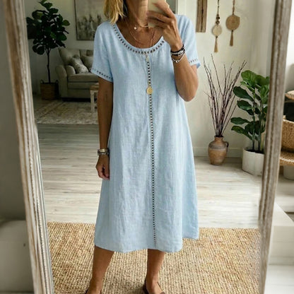 Cardydony Women's Solid Color Round Neck Short Sleeve Linen Blend Midi Dress