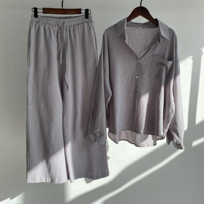 Cardydony Women's Vintage Flower Embroidery Cotton Linen Shirt And Pants Two-piece Set