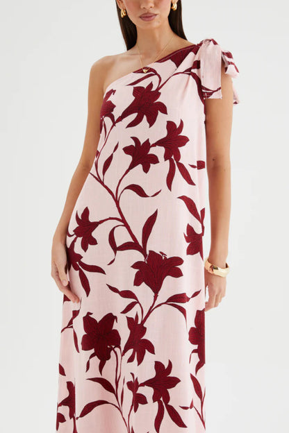 Cardydony Women's Botanical Print Sleeveless One-shoulder Tie-up Casual Vacation Maxi Dress
