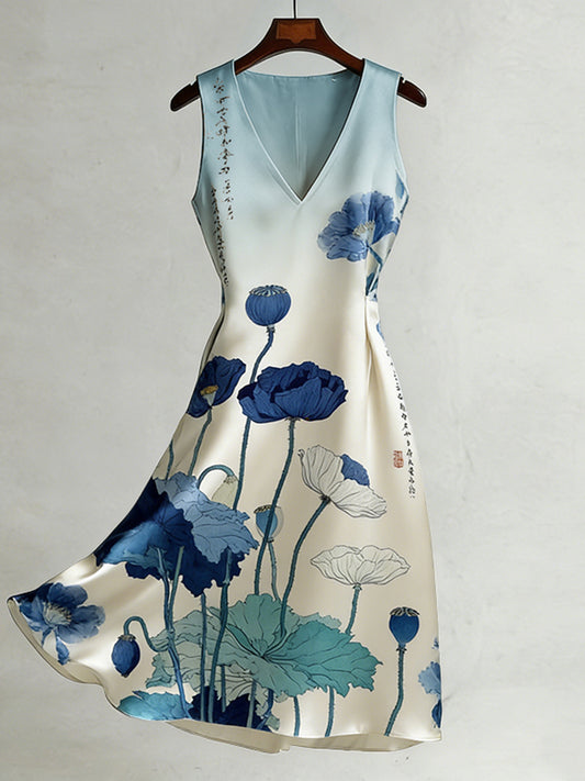 Cardydony Women's Japanese Flower Pattern V-neck Sleeveless Midi Dress